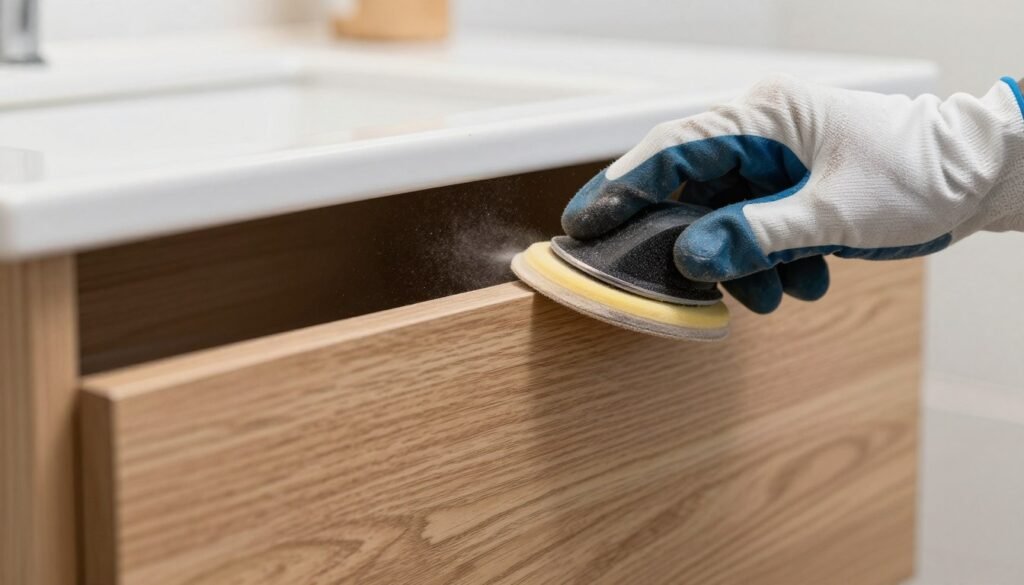 Person sanding a bathroom vanity drawer front in preparation for painting