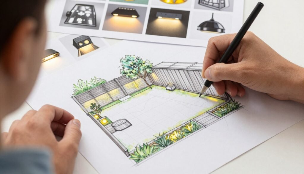 Person sketching a backyard lighting plan with samples of different fixtures
