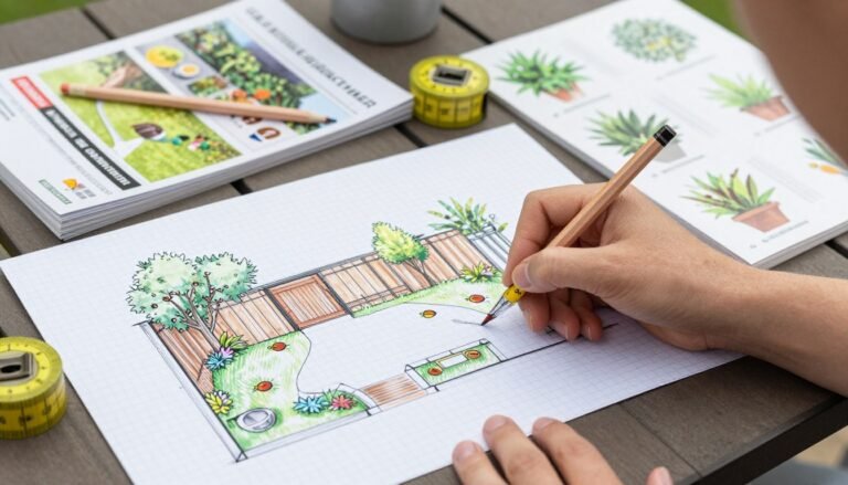 Person sketching backyard makeover plans on graph paper with measuring tape and pencils nearby