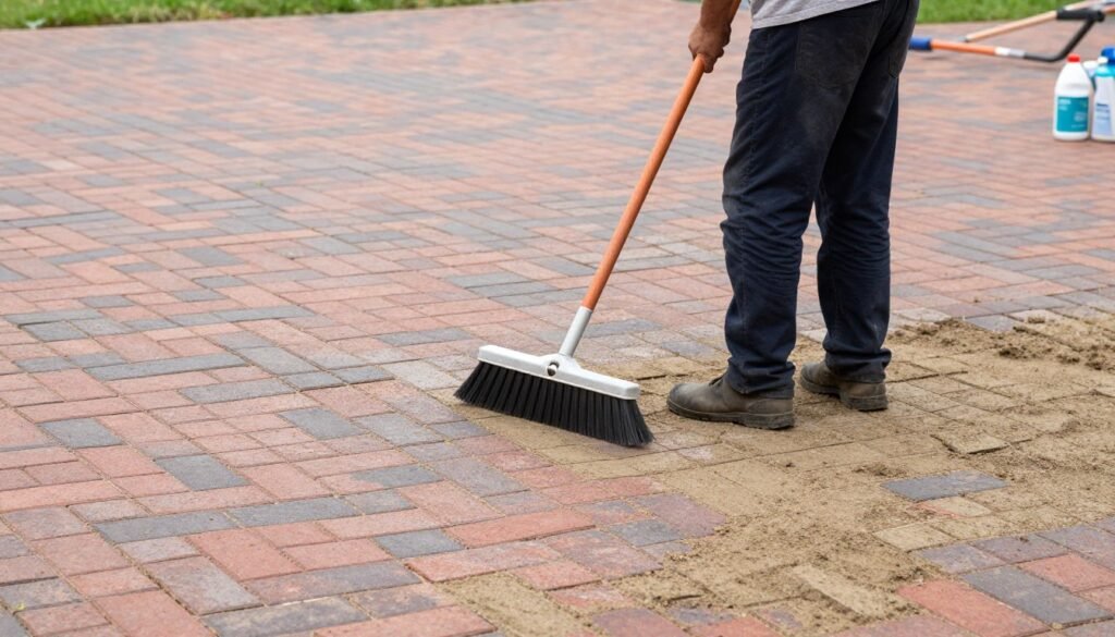 Person sweeping and cleaning a brick patio