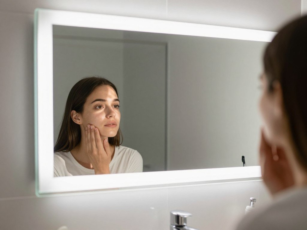 Person using well-lit bathroom mirror with vanity lighting above