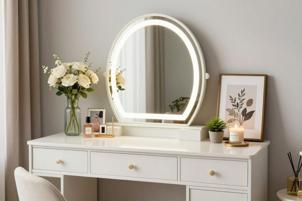 Personalized closet vanity with decorative elements, framed photos, and custom lighting