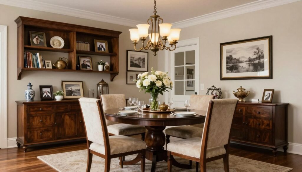 Personalized formal dining room blending traditional elements with personal style and collected pieces
