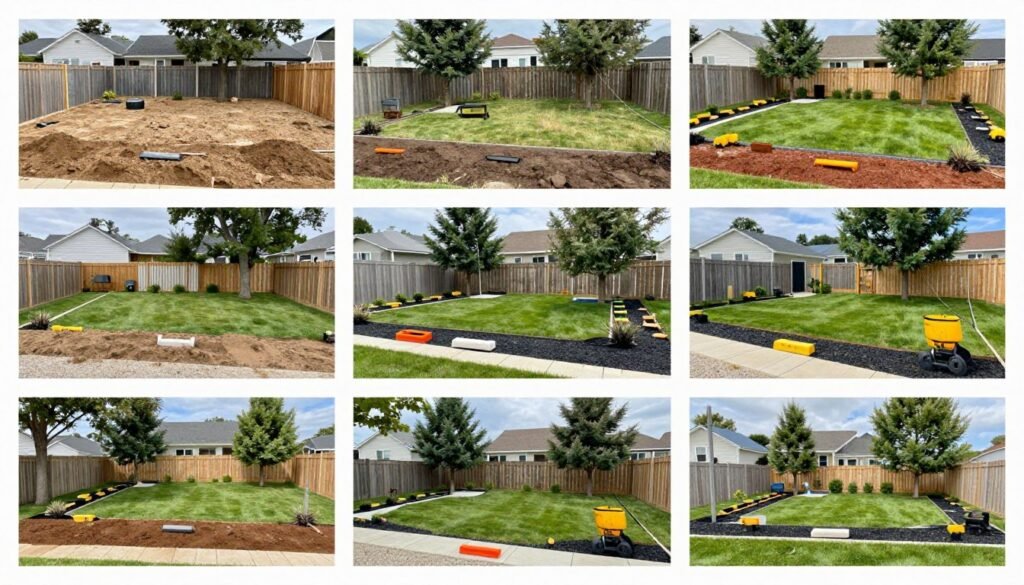 Phased backyard landscaping designs layout implementation showing progress stages