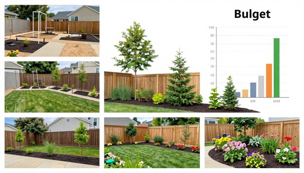 Phased backyard landscaping project showing progression from basic structure to finished design