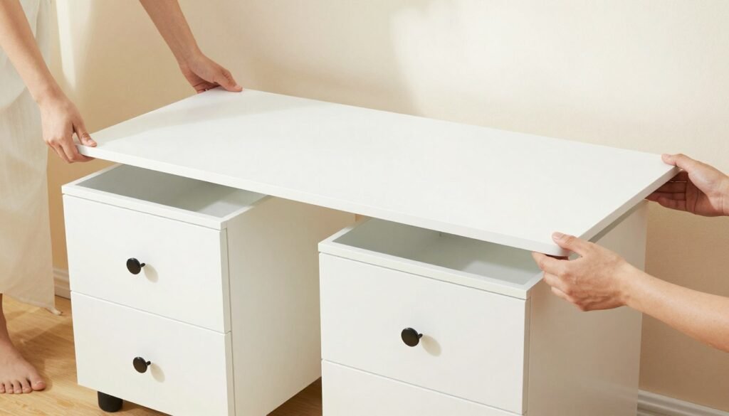 Placing tabletop on Alex drawer units with rubber bumpers visible Placing tabletop on Alex drawer units with rubber bumpers visible