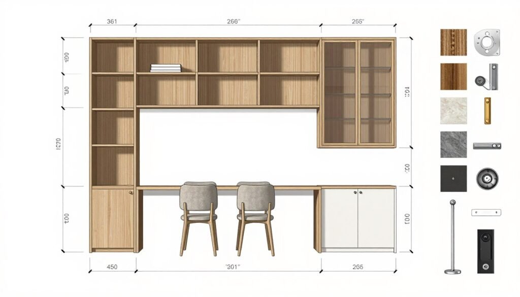 Planning diagram for dining room built ins showing measurements and design considerations