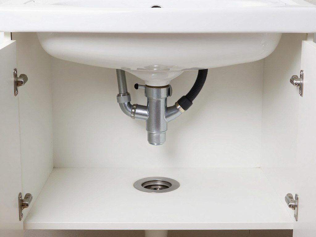 Plumbing setup for a small vanity showing space-saving solutions