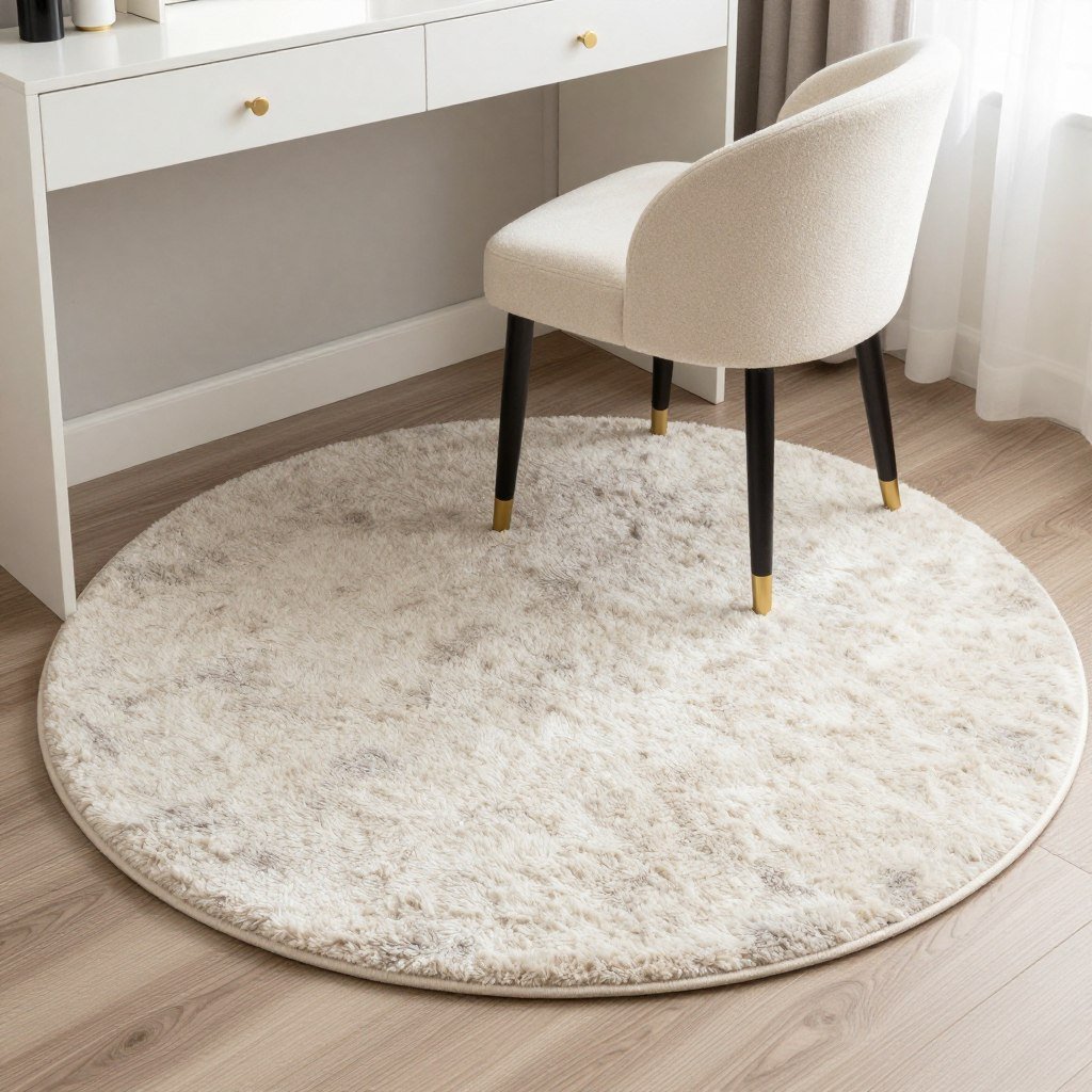 Plush area rug under a vanity chair creating a defined beauty space