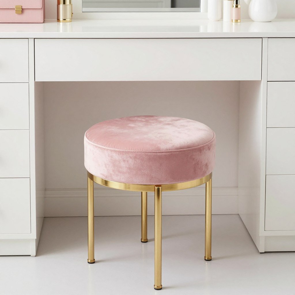 Plush pink velvet vanity stool with gold legs in a glamorous vanity room Plush pink velvet vanity stool with gold legs in a glamorous vanity room