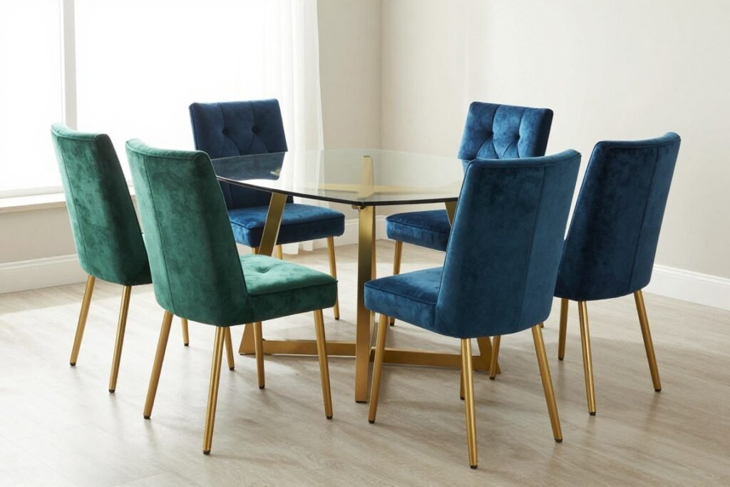 Plush velvet dining chairs in jewel tones around a glam dining table