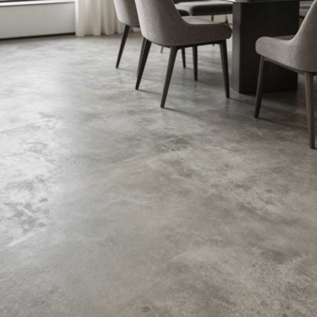 Polished concrete floor in minimalist dining room Polished concrete floor in minimalist dining room