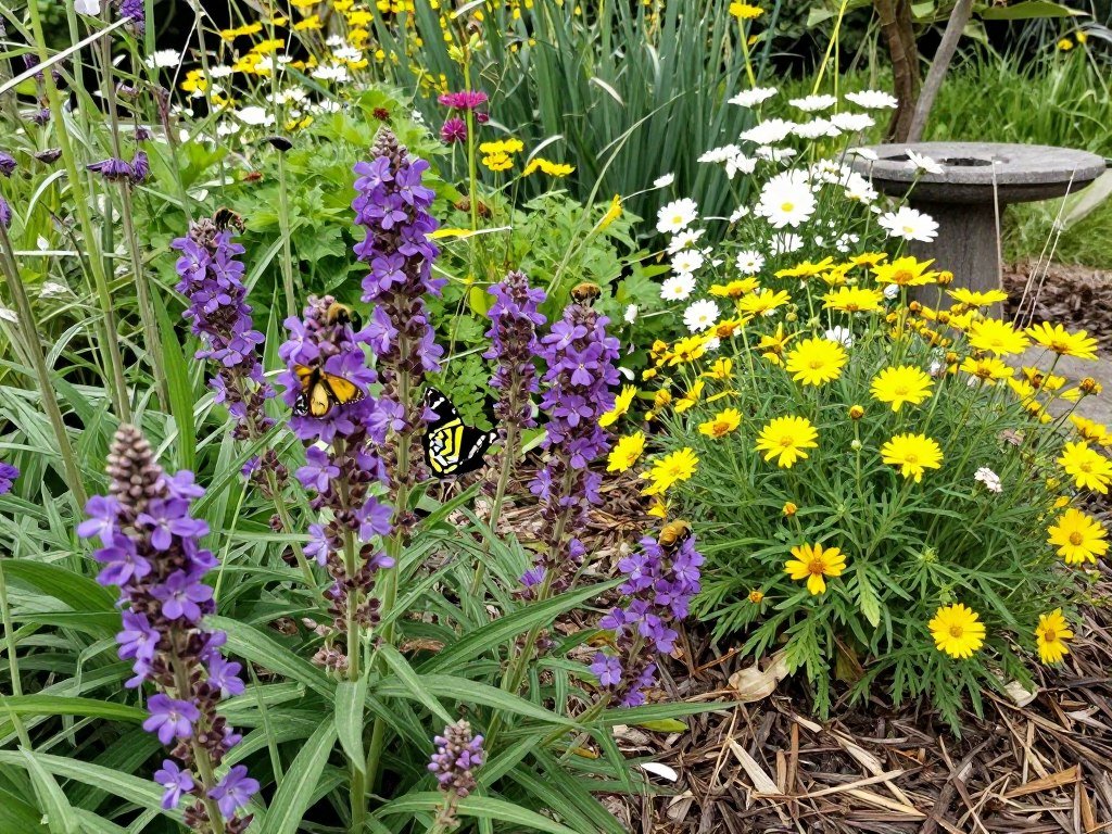 Pollinator garden with native flowers attracting butterflies and bees