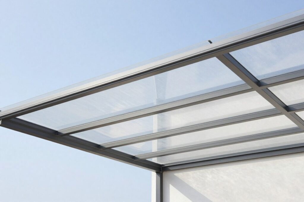 Polycarbonate and glass patio cover allowing natural light while providing protection