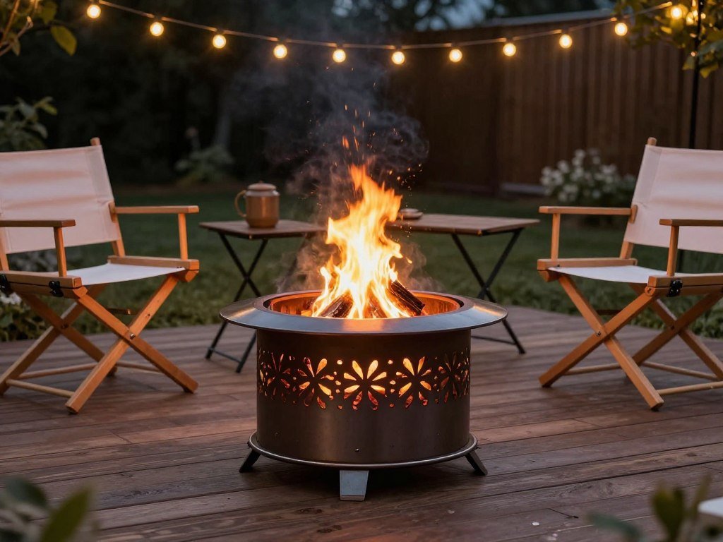 Portable metal fire pit on a deck with movable outdoor furniture and string lights overhead