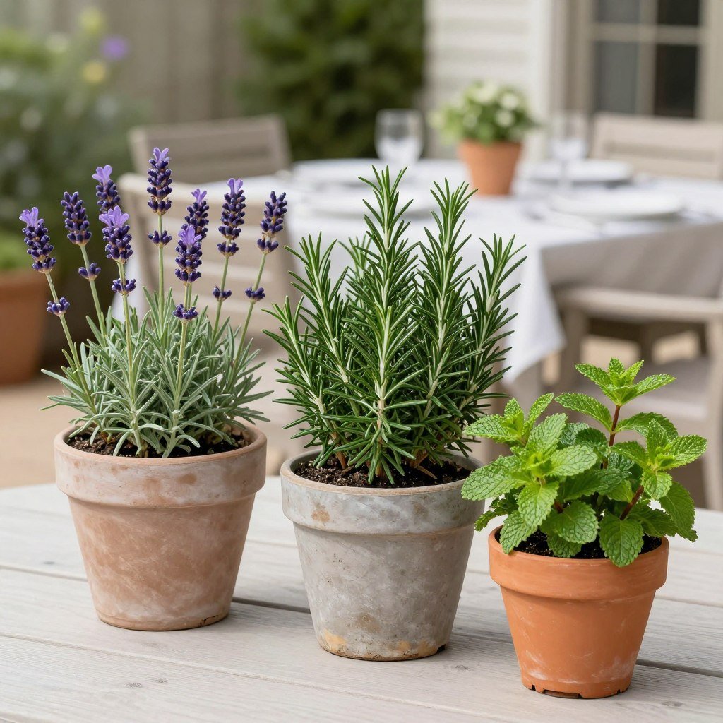 Potted herbs like lavender, rosemary, and mint placed around outdoor dining area