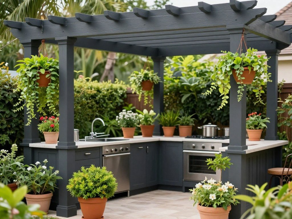 Potted plants and hanging planters adding life to a dark pergola over an outdoor kitchen
