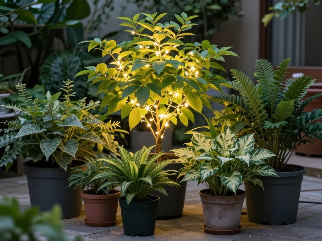 Potted plants on a patio with fairy lights woven through the foliage