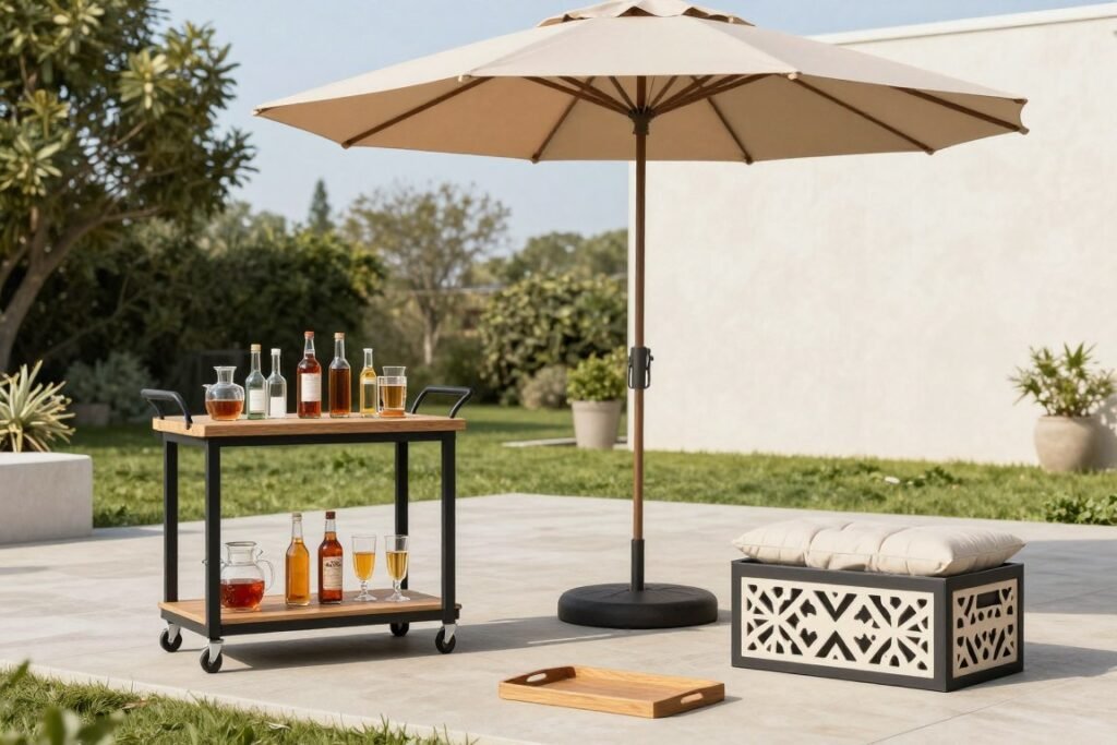 Practical accessories for outdoor dining including a rolling bar cart and shade umbrella Practical accessories for outdoor dining including a rolling bar cart and shade umbrella