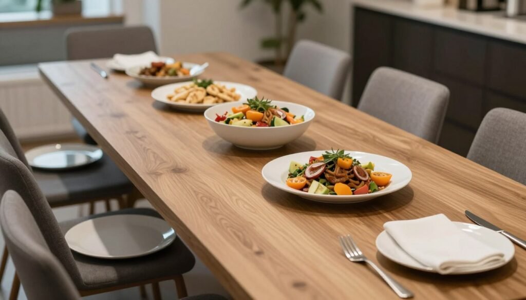 Practical long dining table centerpiece that allows for serving dishes and comfortable dining