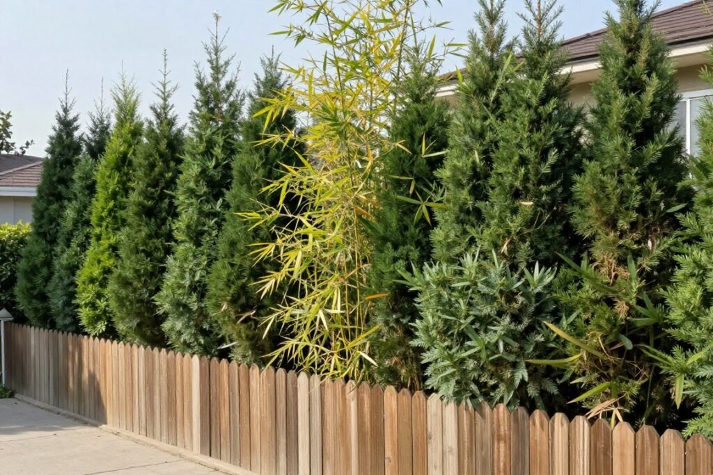 Privacy-enhancing fence line with tall arborvitae, bamboo, and mixed evergreens creating a natural screen