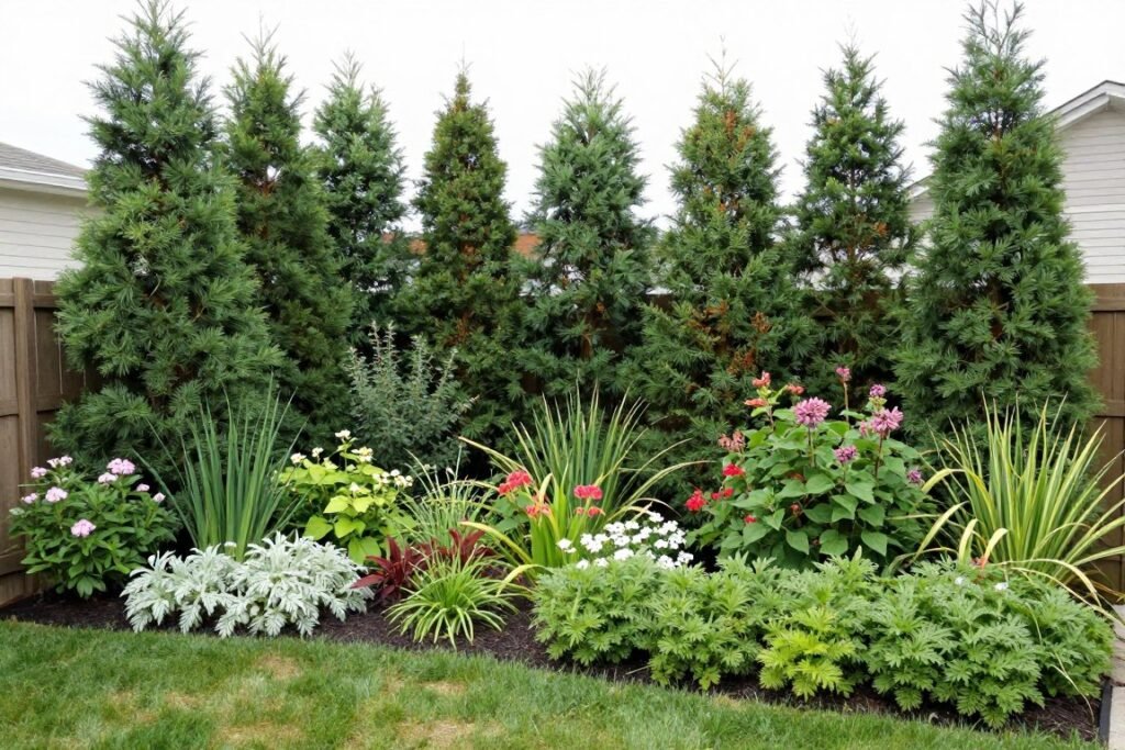 Privacy hedge with mixed plantings creating natural screening in a backyard
