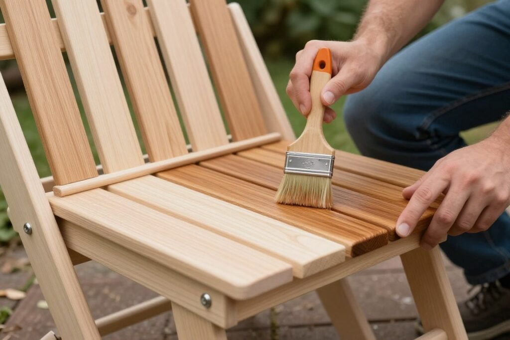 Process of finishing DIY patio furniture with stain