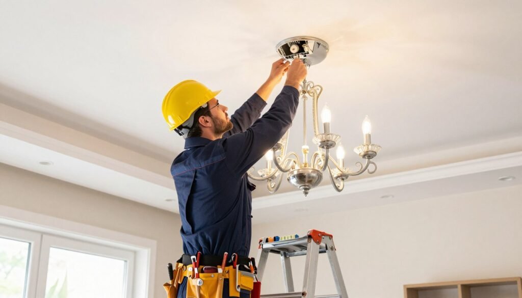 Professional installing a dining room chandelier with proper tools and safety equipment