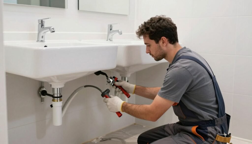 Professional installing a double sink bathroom vanity