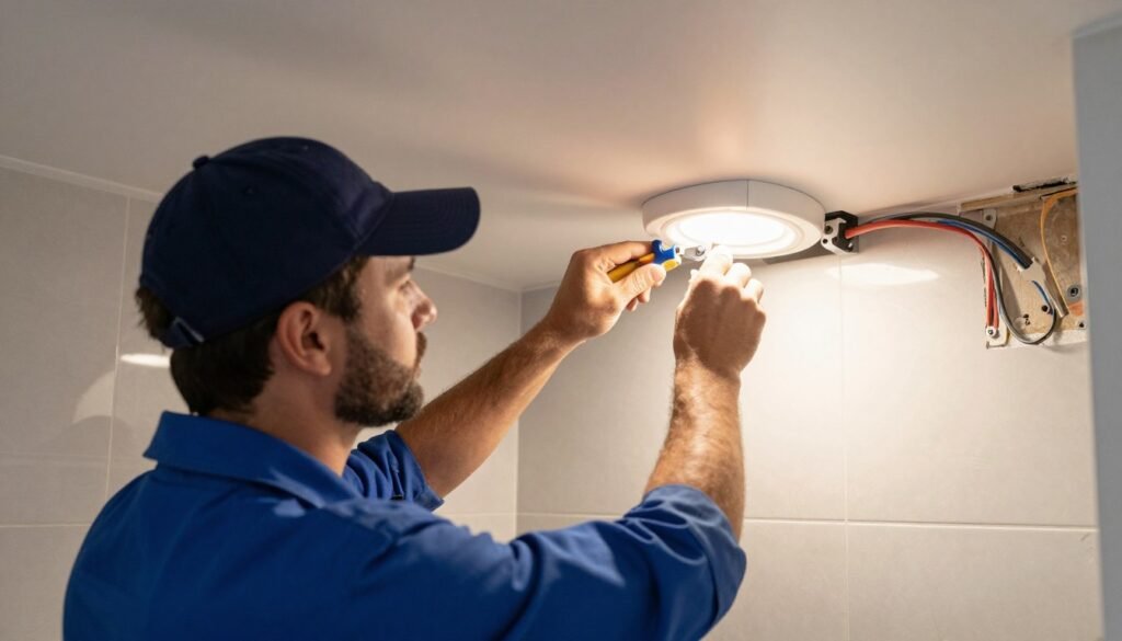 Professional installing vanity lighting with tools and safety equipment