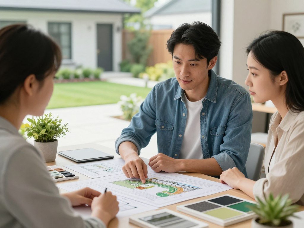 Professional landscape designer working with homeowner on front yard plan