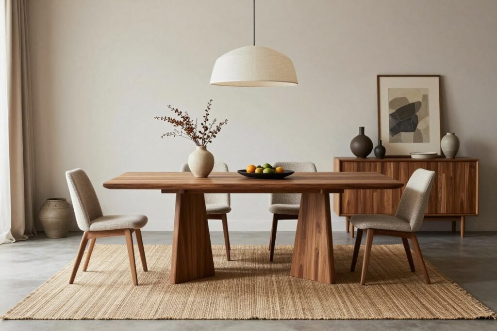 Professionally styled organic modern dining room with layered textures and perfect proportions