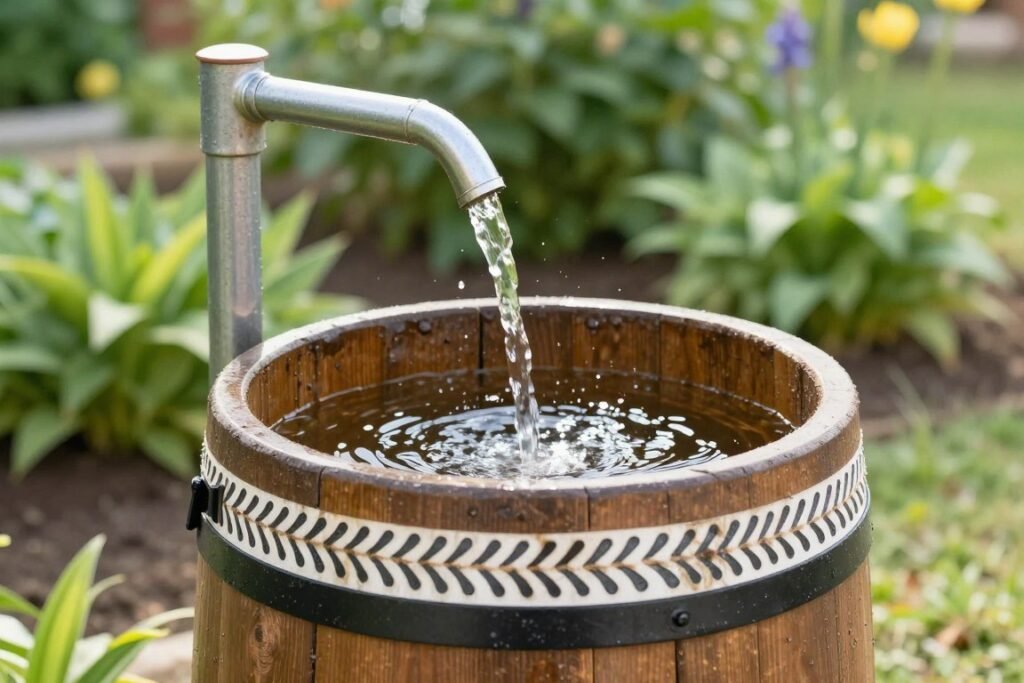 Rain barrel collecting water from a downspout for garden use