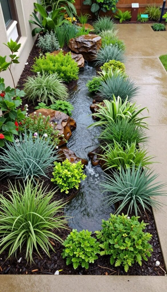 Rain garden in a sustainable backyard landscape with native plants managing stormwater