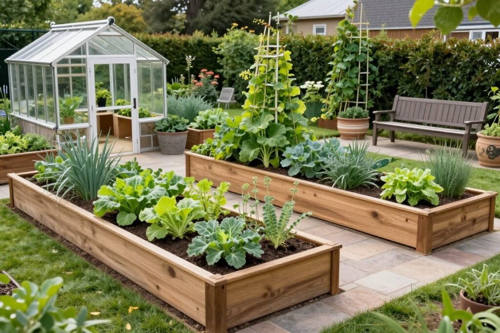 Raised bed vegetable and herb garden integrated into backyard landscape design