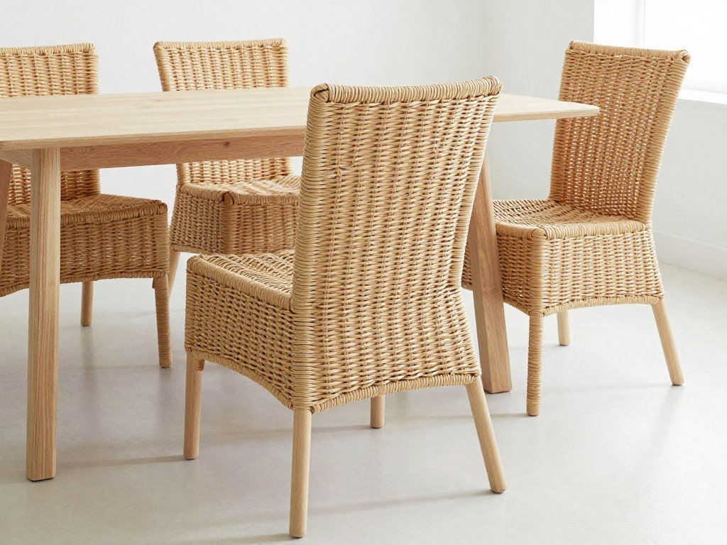 Rattan and wicker dining chairs with natural textures and woven patterns
