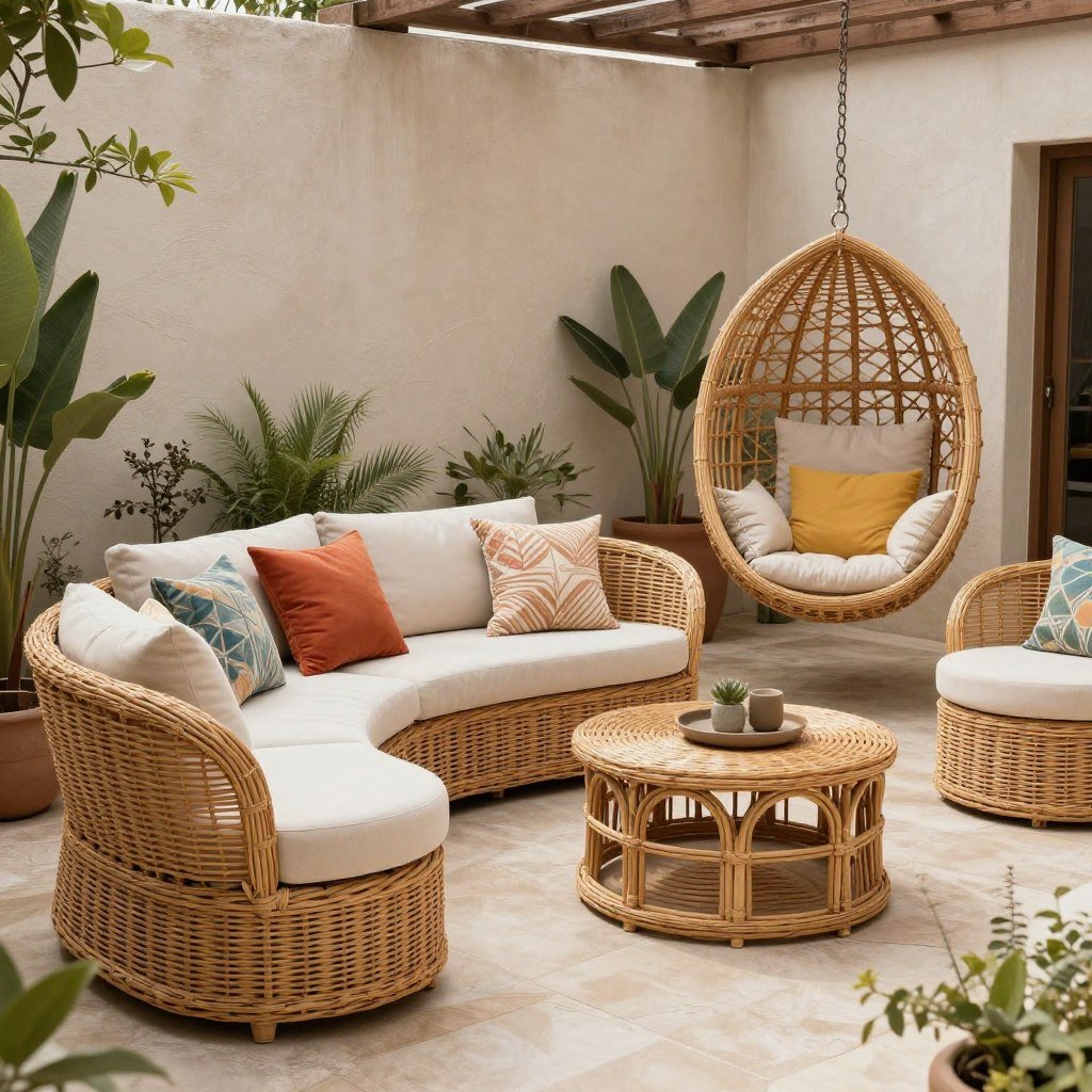Rattan and wicker furniture pieces on a bohemian patio
