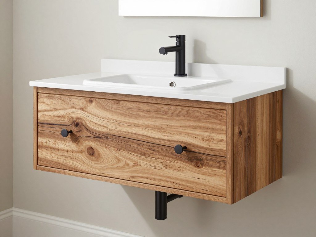Reclaimed wood floating vanity showing unique grain patterns and texture