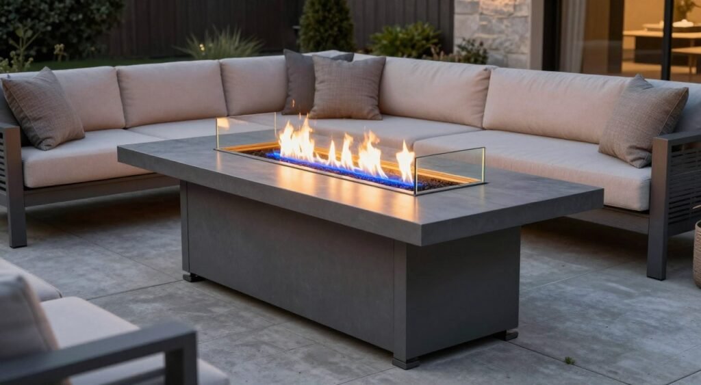 Rectangular gas fire table with glass wind guard surrounded by modern outdoor sectional seating on a contemporary patio