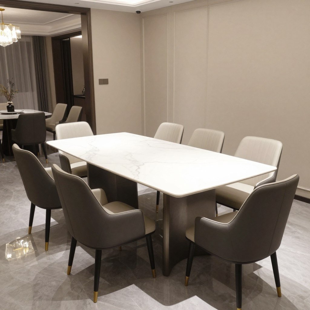 Rectangular marble dining table in a formal dining room