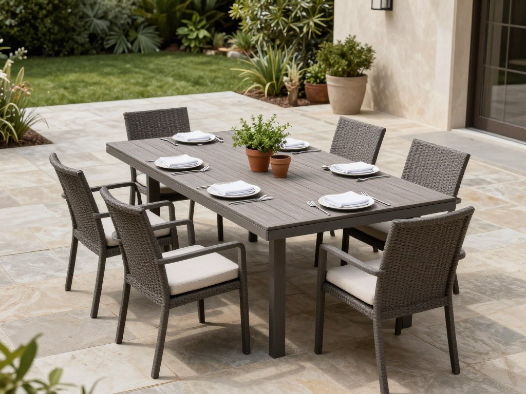 Rectangular outdoor dining table on a spacious patio
