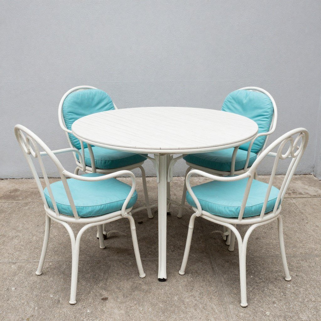 Refinished vintage outdoor dining set with fresh paint and new cushions