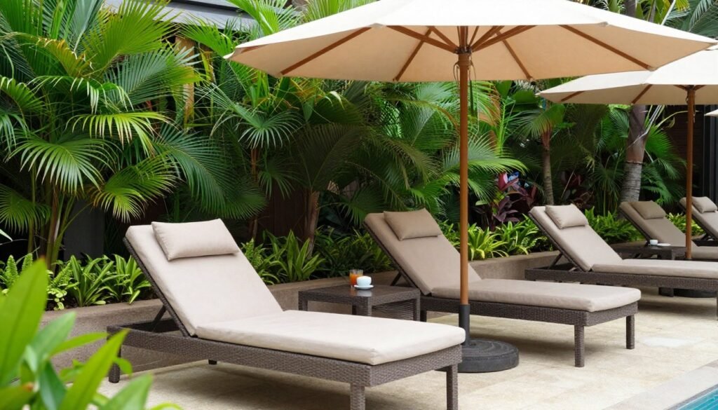 Relaxation zone with lounge chairs, side tables and shade umbrella near garden Relaxation zone with lounge chairs, side tables and shade umbrella near garden