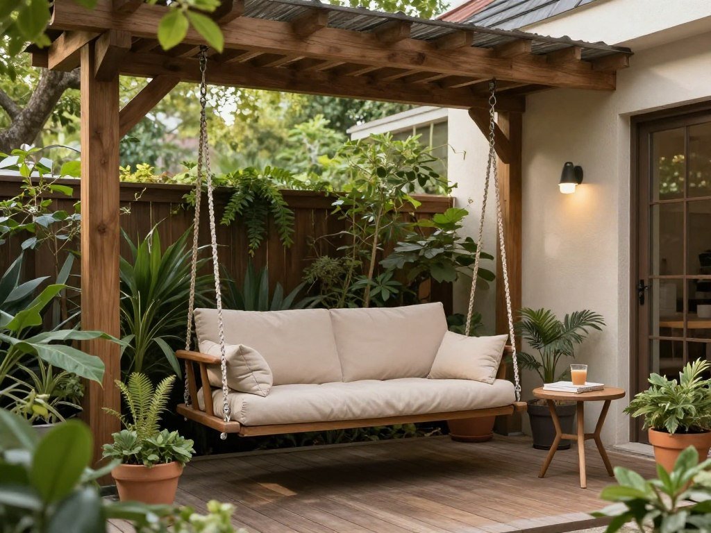Relaxing under deck retreat with a porch swing, comfortable cushions, and potted plants creating a peaceful sanctuary