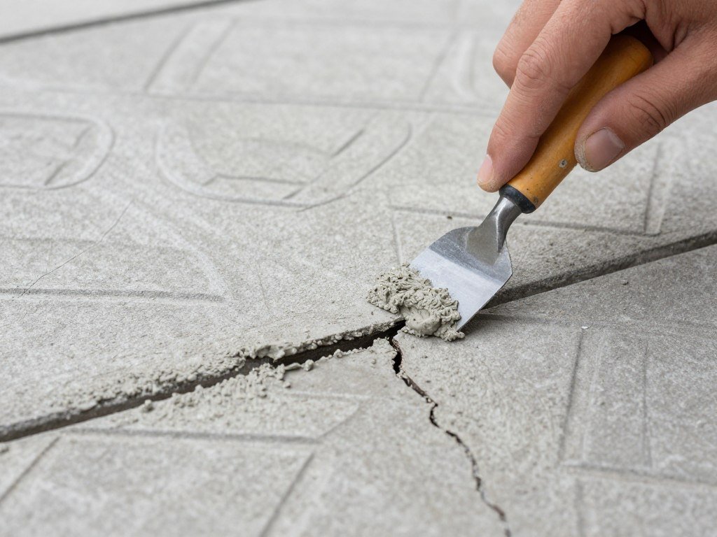 Repair of small crack in stamped concrete patio using specialized repair product Repair of small crack in stamped concrete patio using specialized repair product