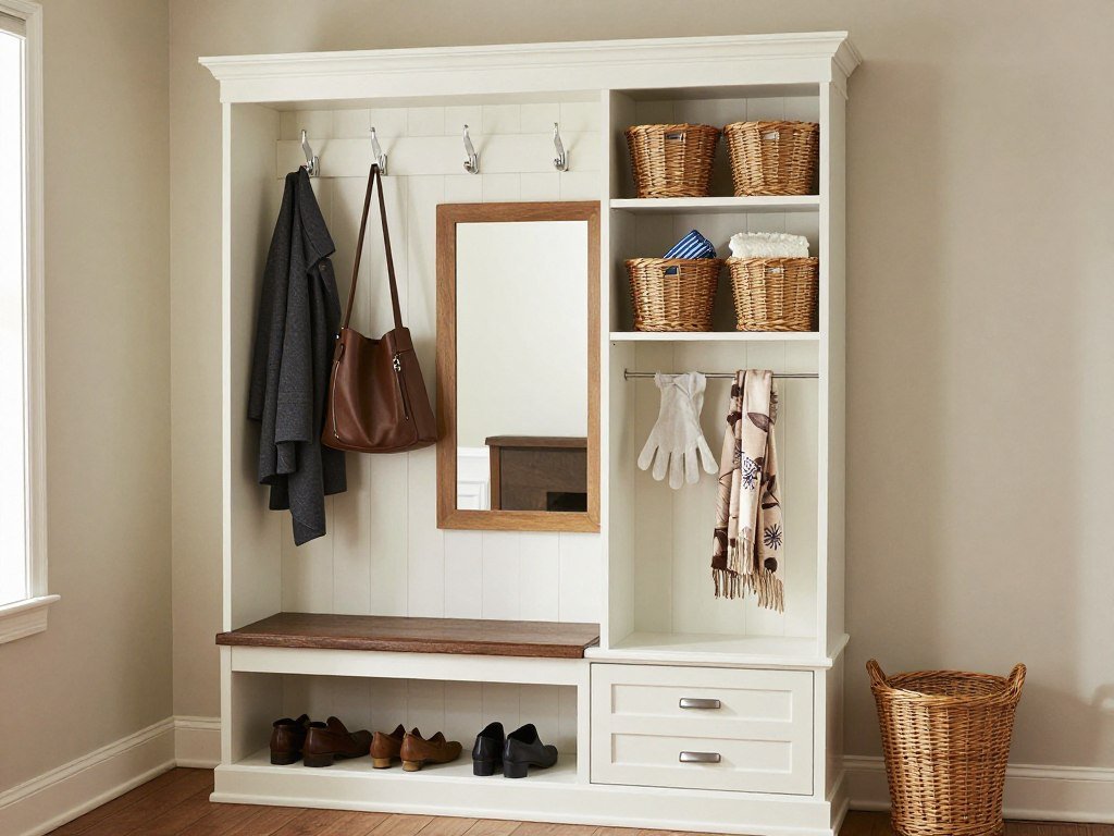 Repurposed hutch being used as an entryway organization center with hooks, baskets, and a bench Repurposed hutch being used as an entryway organization center with hooks, baskets, and a bench