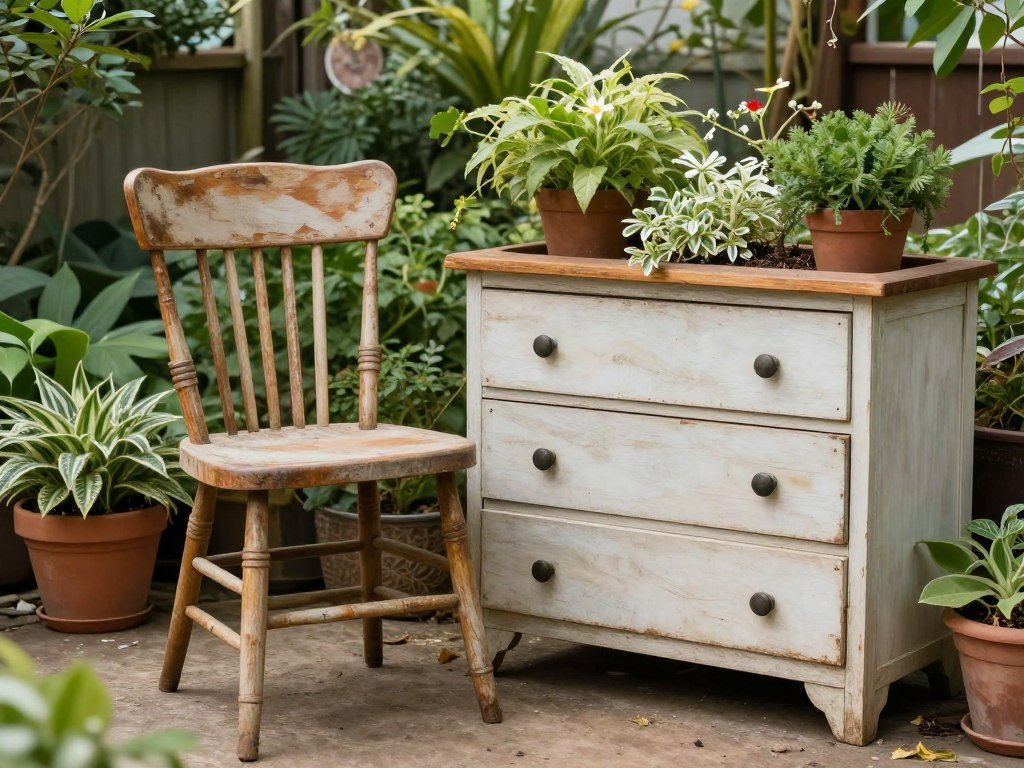 Repurposed old furniture used in a garden setting as a cheap landscaping idea