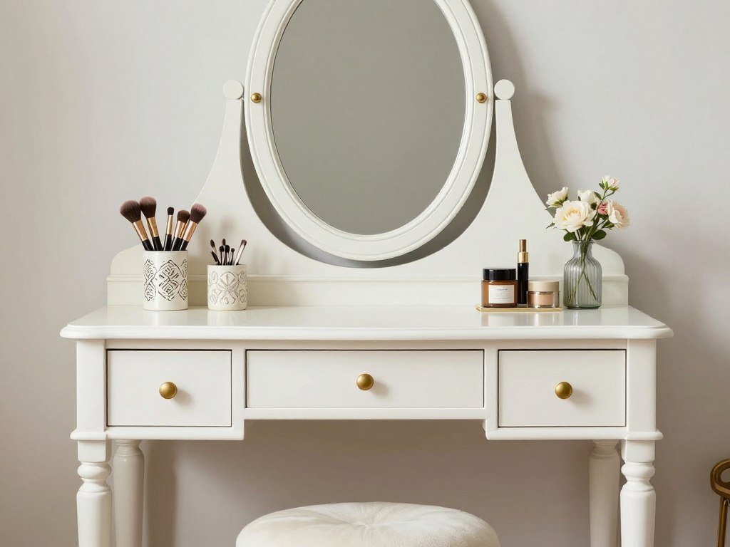 Repurposed vintage desk transformed into an elegant makeup vanity Repurposed vintage desk transformed into an elegant makeup vanity