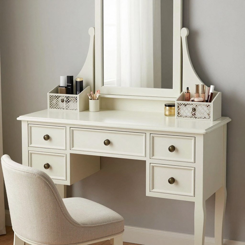 Repurposed vintage desk transformed into an elegant vanity table