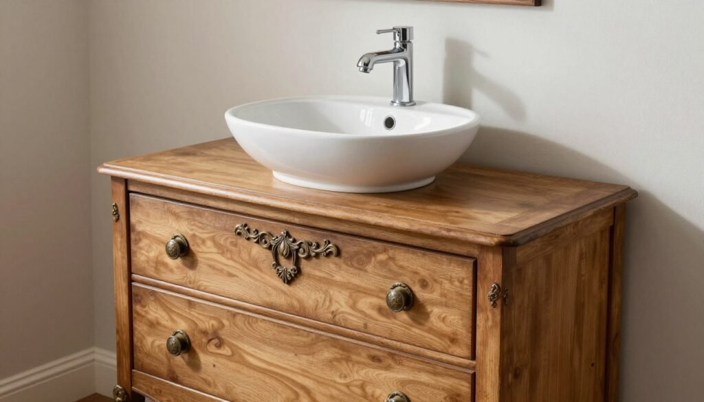 Repurposed vintage dresser converted into a unique bathroom vanity with vessel sink